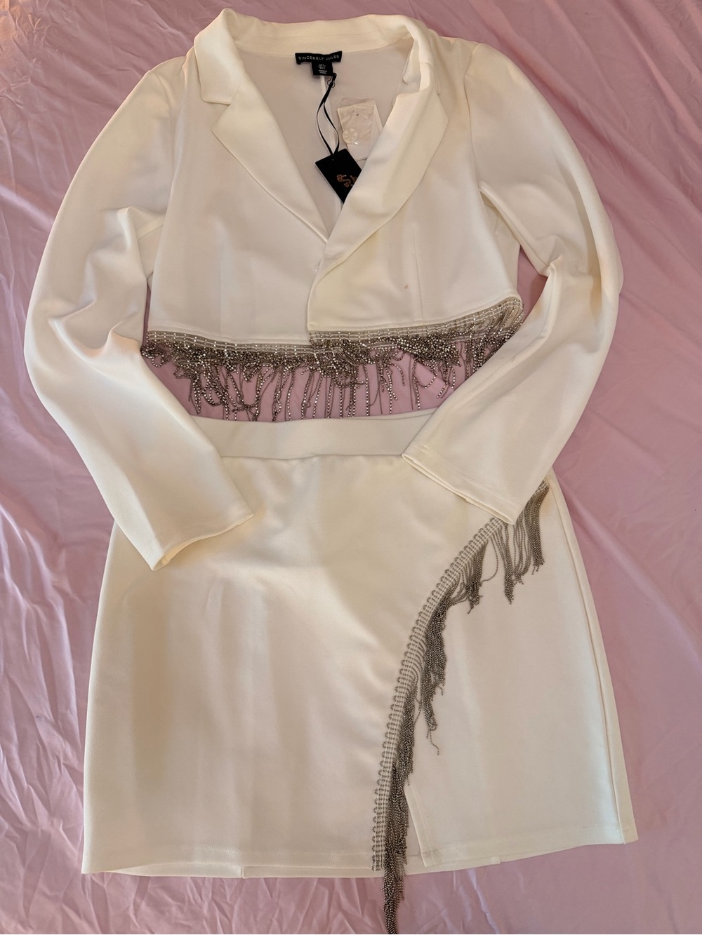White Two-Piece Fringe Trim Blazer & Skirt Set